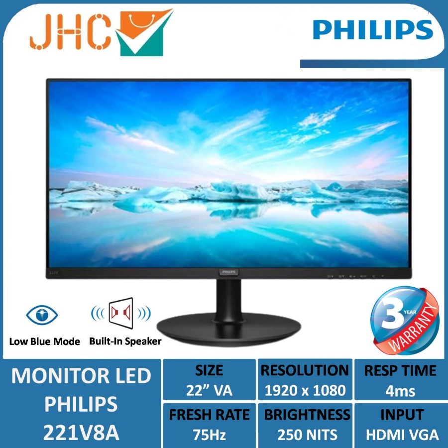 Monitor LED Philips 22" 221V8A VA 1080p VGA HDMI Speaker 75Hz