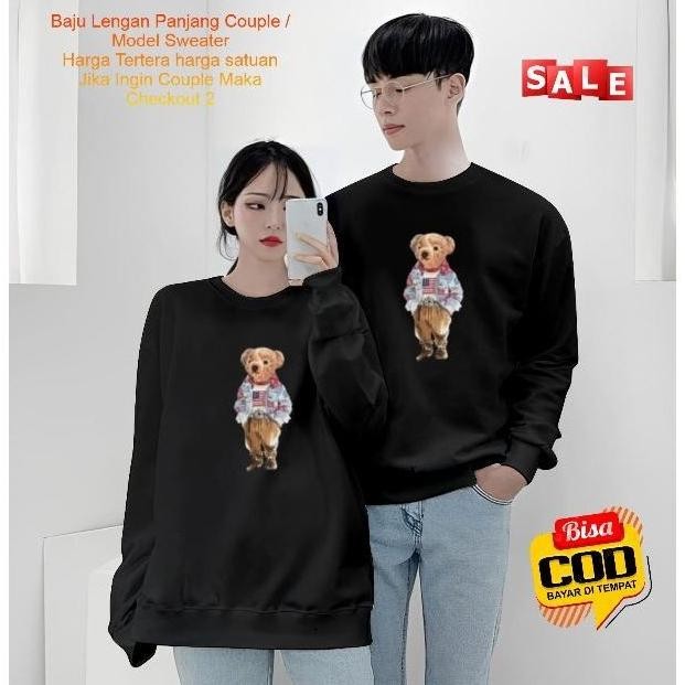 Kaos Couple Pasangan Bear / Baju Lengan Panjang Pria Wanita Bahan Baby Terry Premium / Kaos Kapelan 