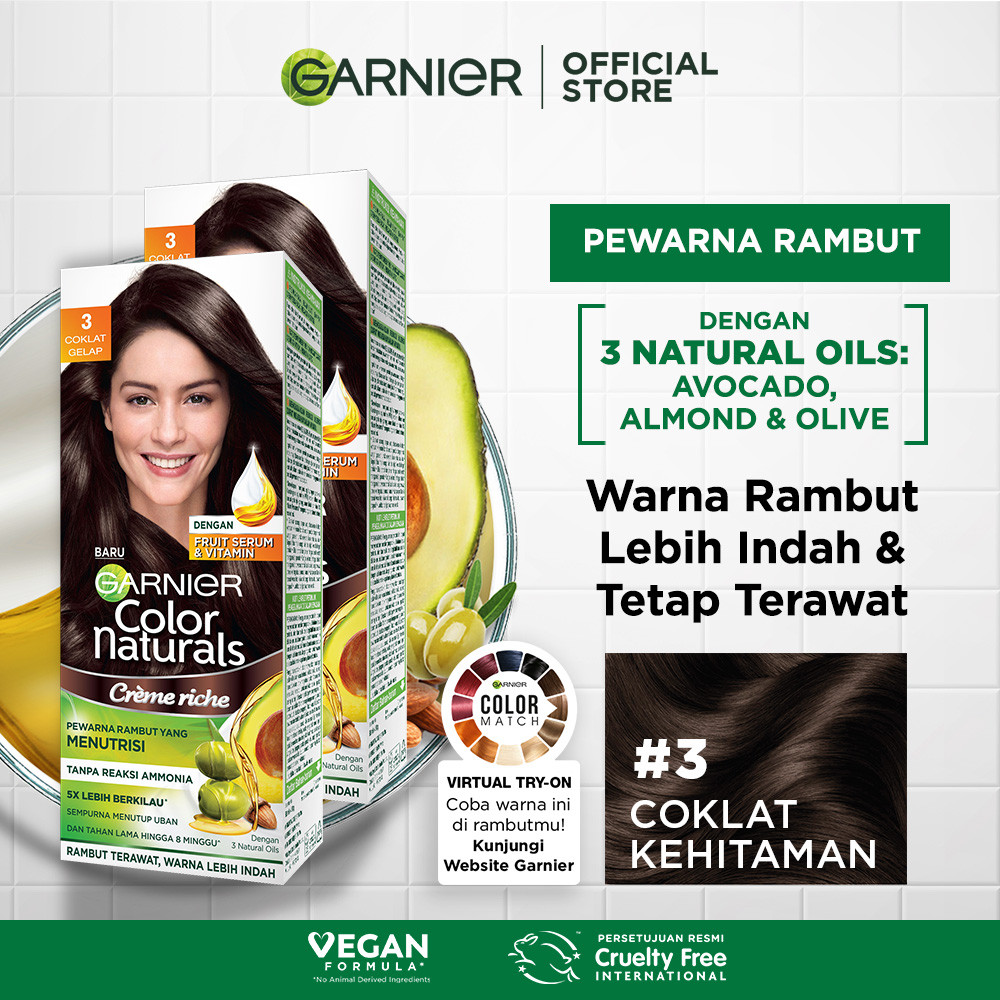 Garnier Color Naturals Hair Color - 3 Coklat Gelap (Cat / Pewarna Rambut Permanent) - Twinpack