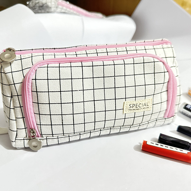

Prism Pencil Case Canvas Check Pattern Large Capacity for Junior High School Boys and Girls Simple Pencil Case