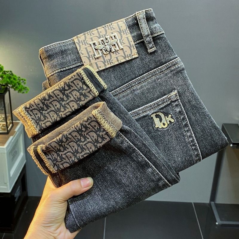 Celana Ketat Pria, Jeans Hitam Abu-abu Bordir Regang Slim Fit