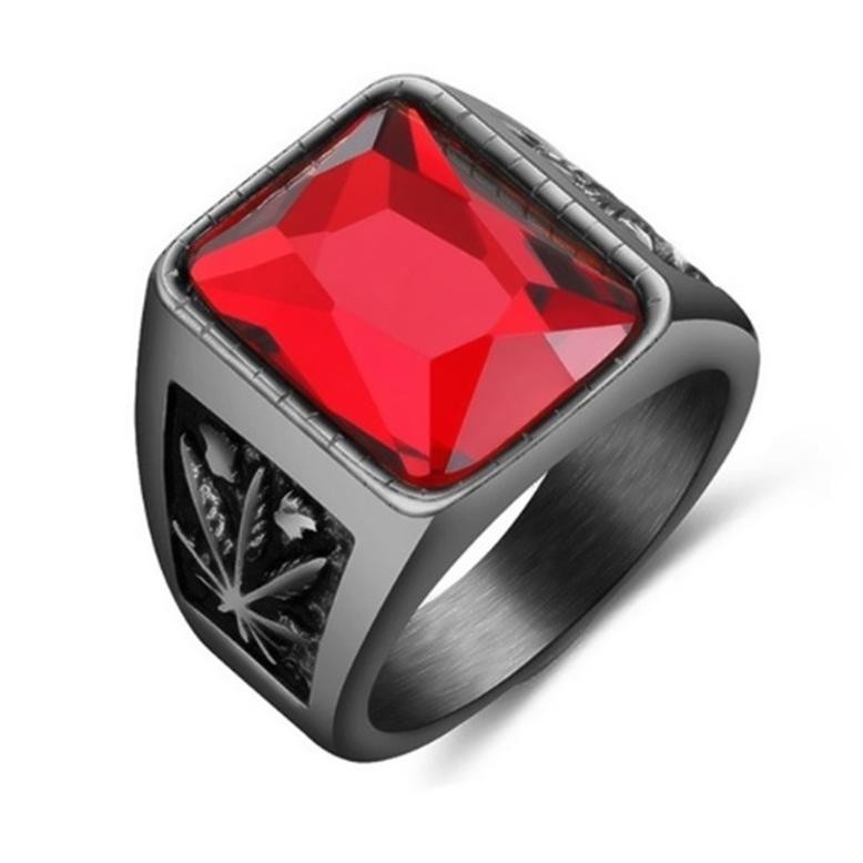 Promo Cincin Pria Titanium Hitam Kotak Batu Merah Hitam Ruby Black Onyx C60 High Quality