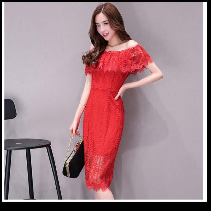 Dress Brokat Merah Wanita Korea Model Sabrina D4765