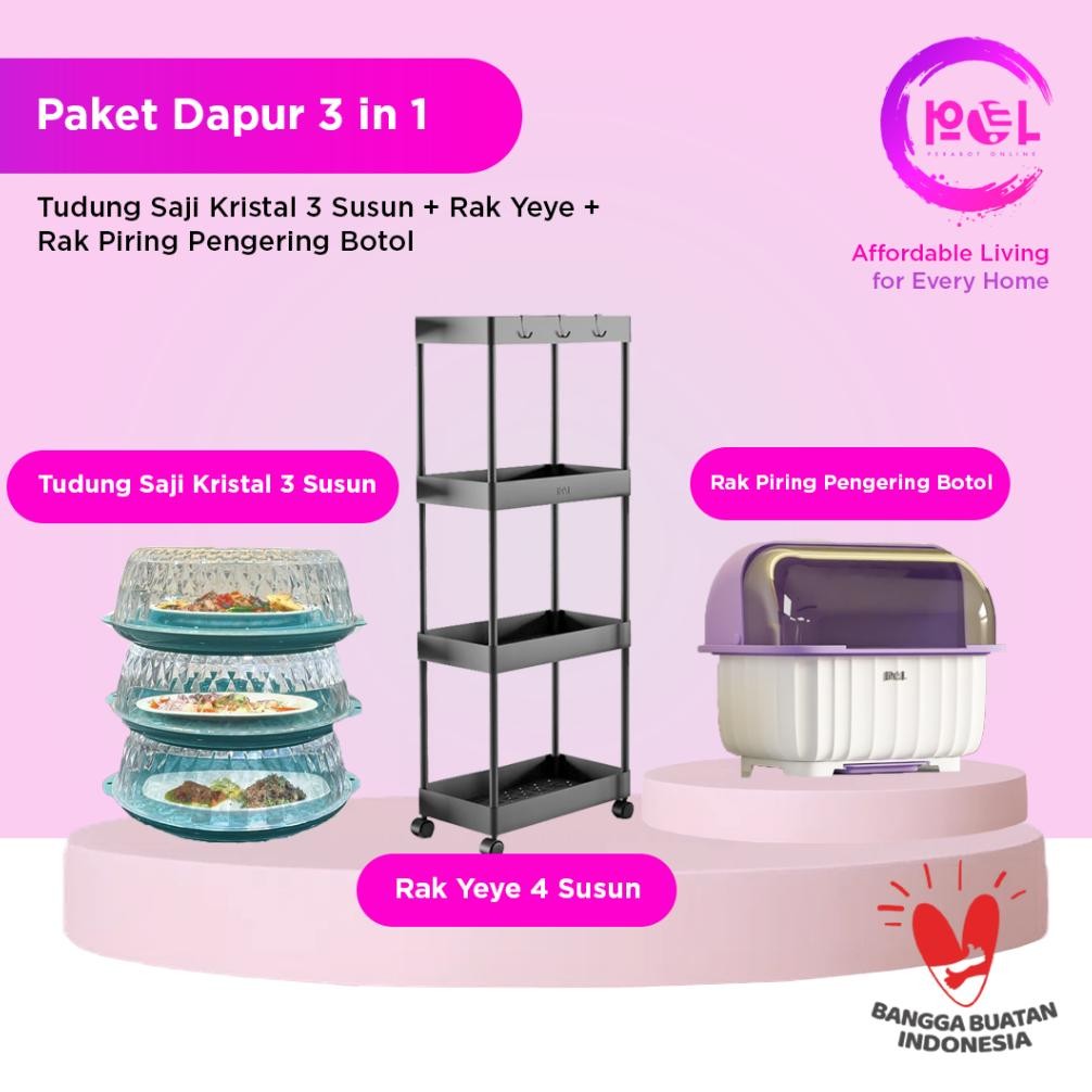 Paket Rak 4 Susun 3 in 1 | Rak Persegi Dapur 4 Susun + Rak Piring Pengering Botol + Tudung Saji Kris