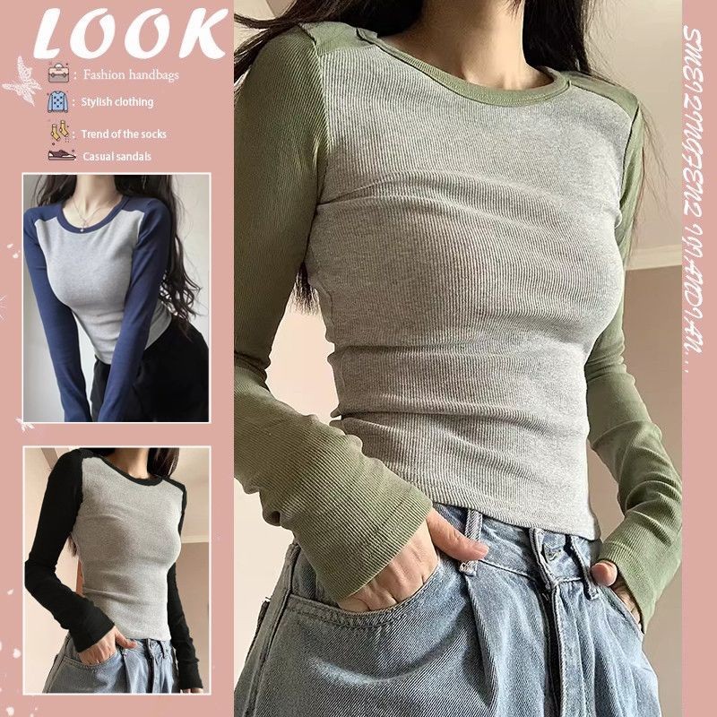 Women's long sleeved TT shirt, women's contrasting retro Western style lingerie top