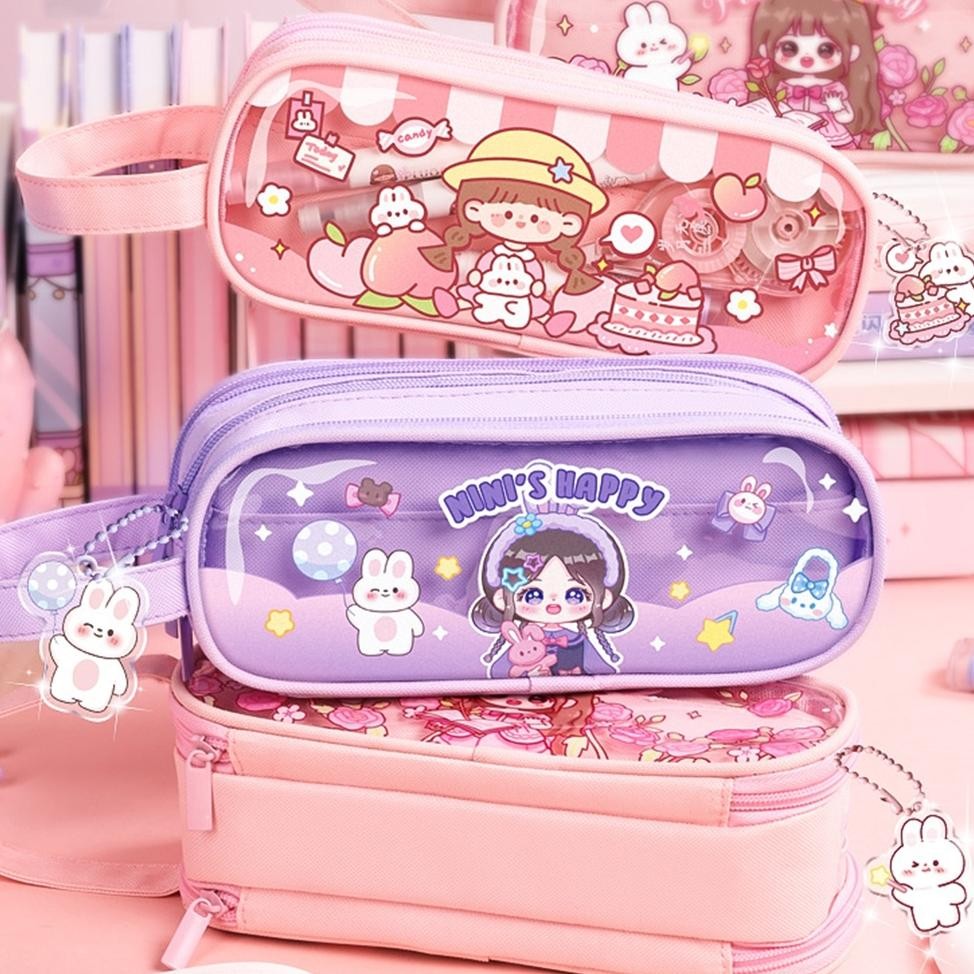 

Original Kawaii Multi-Layer Double-Sided Box Large Capacity Pencil Case Transparent Student Cartoon Storage Bag Stationery HotSale