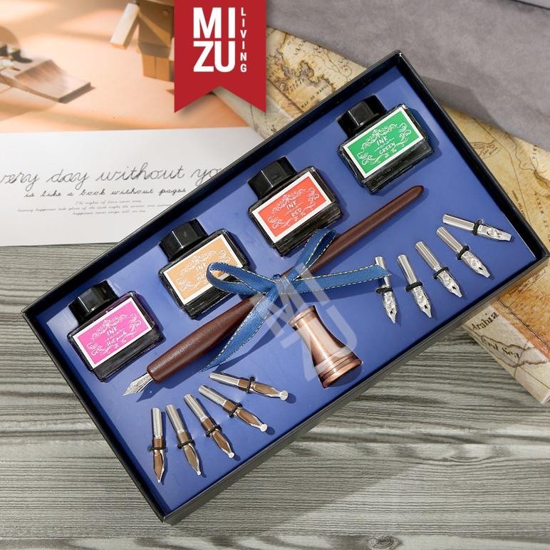 

y-76 MIZU BLACKLETTER Calligraphy Set Kaligrafi 1 Pen 11 Steel Nibs 4 Inks Pen Stand Hemat