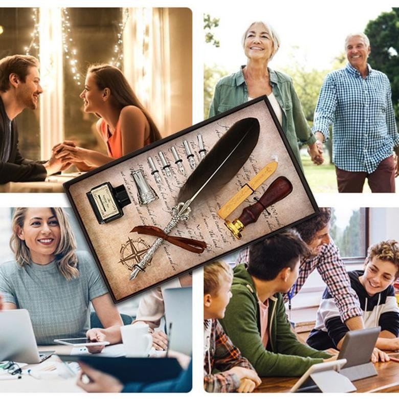 

we-53 Set Pena Bulu Dip Pen Bulu Pulpen Bulu Vintage Box Bulu Alat Kaligrafi Set Quill Fountain Tinta Lilin Stempel Nibs Ink Berkualitas