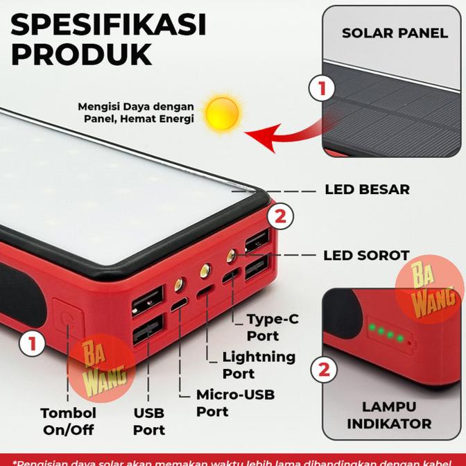 Powerbank Solar 30000Mah 4 Usb + 3 Input Lampu Spotlight Sorot Led