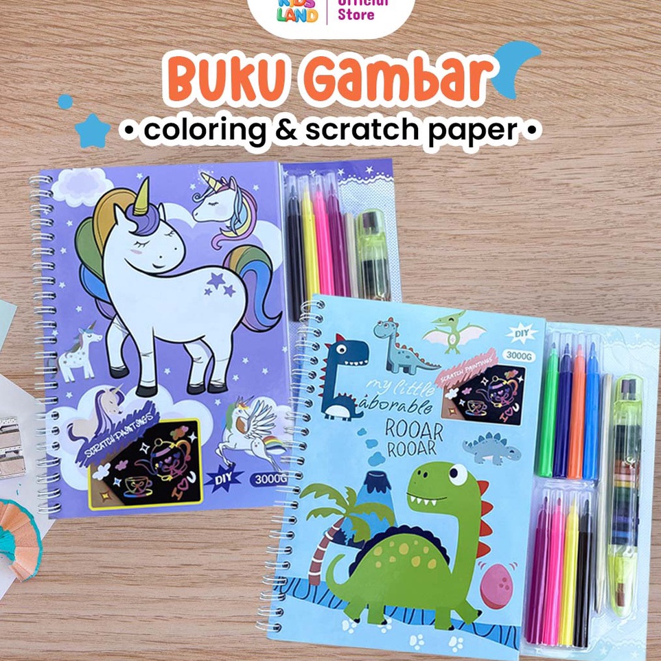 

☊Bayar Di Tempat⋆ Buku DIY Mewarnai Magic Scratch Painting Buku Mewarnai Gambar Set Spidol Pena Crayon KIDS LAND M44 ✩