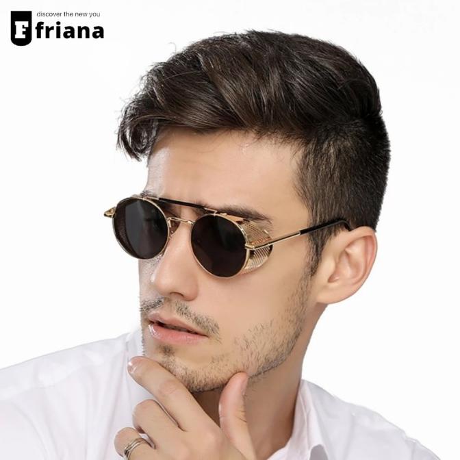 New Sale Kacamata Hitam Uni Steampunk Pria Wanita Frame Bulat Retro Original