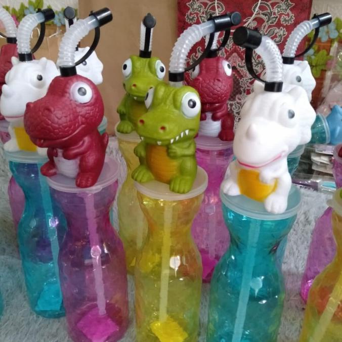 botol minum viral karakter hewan DIY sedotan plastik dinosaurus tiktok