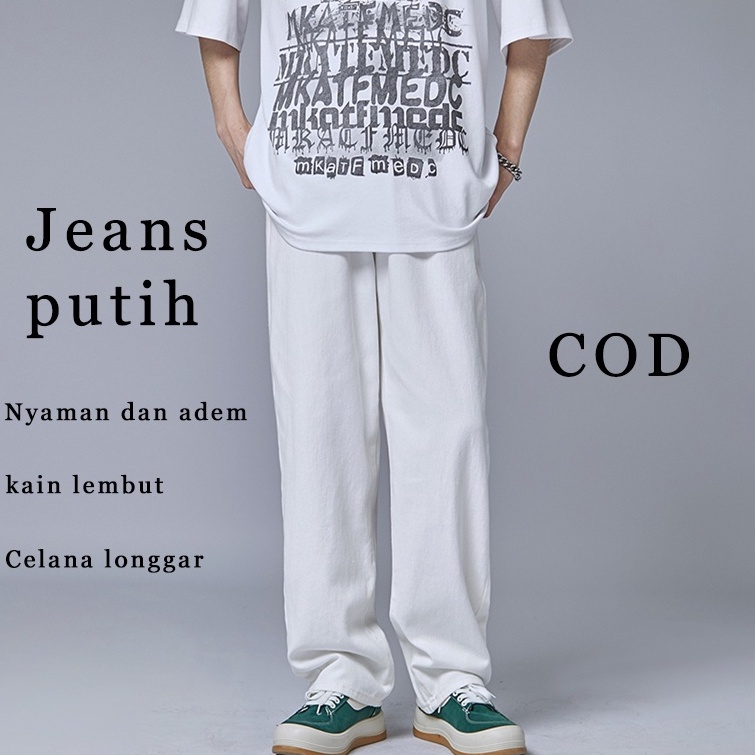 [QJP ✉✮) Celana Jeans Pria Celana Panjang Putih Pria Korean Loose Pants Baggy Pants Boyfriend Jeans 