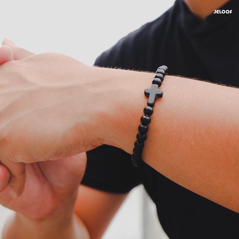 Extra dealsFf4F9 JELOOF Gelang Salib 'AGAPE' Black New Version - Gelang Wanita Gelang Pria Gelang Ba