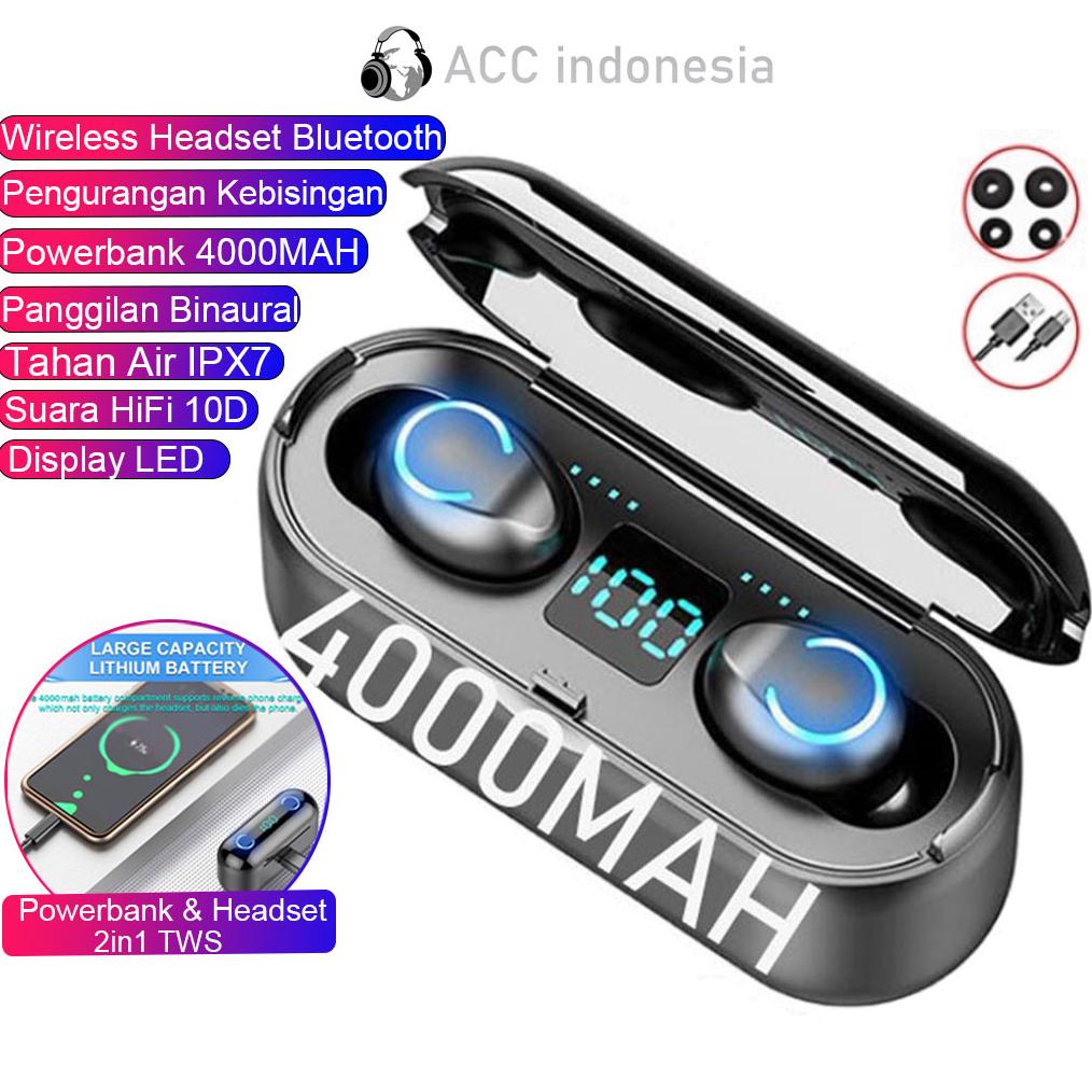 Headset Bluetooth F9 TWS Earphone Bluetooth 5.3 NIRKabel Powerbank 4000MAH Display Headphone Wireles