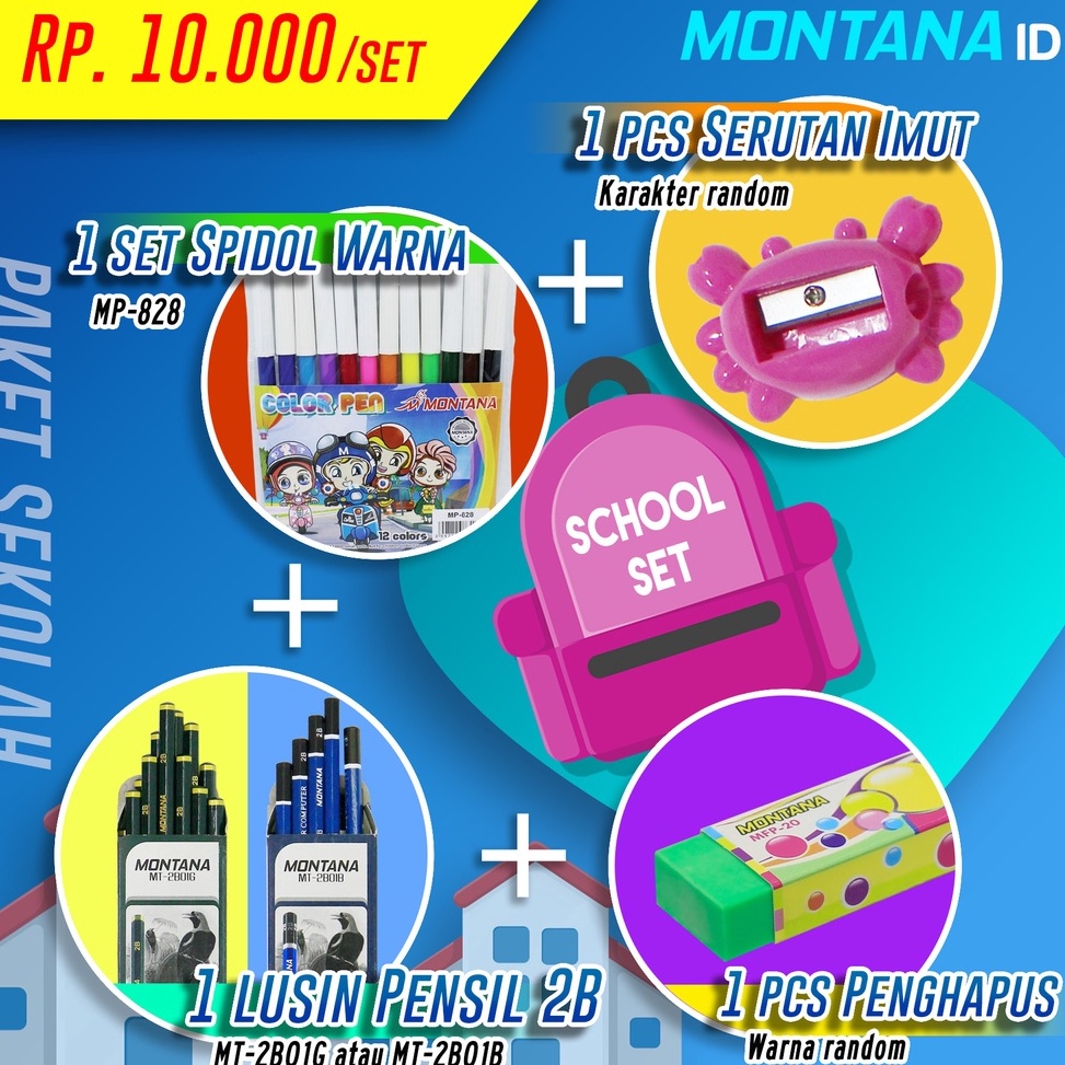 

Sale_MONTANA 10.000 RUPIAH SAJA !! Pensil 2B + Spidol MP-828 + Serutan+ Penghapus