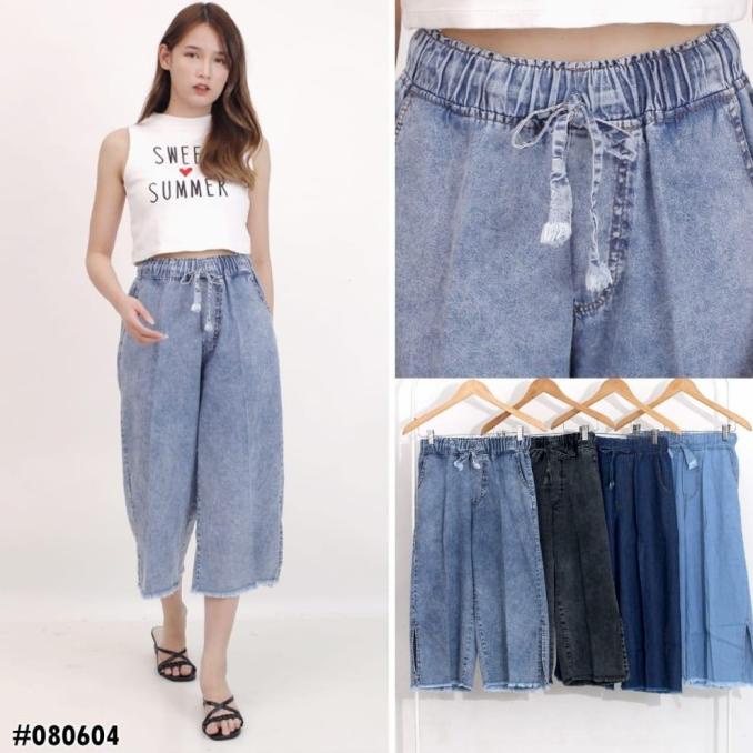 Celana Pendek 7/8 Kulot Boyfriend Jeans Wanita Rumbai Pinggang Karet