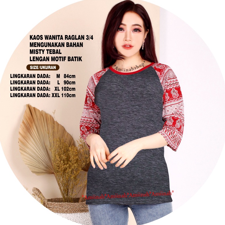 TERBARU COD-Kaos Wanita (POLOS BATIK) Kaos Raglan 3/4 M81 Model Kombinasi Batik/ Kaos Cewek/ Kaos Ob