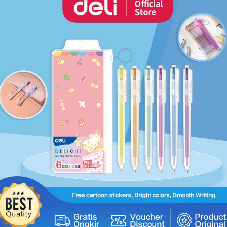 

↔Terkini☈ Deli School Gel Pen / Pulpen Gel 0.5 mm 6 Warna Retracable Gratis Sticker Lucu EG118-6C E70 ✫