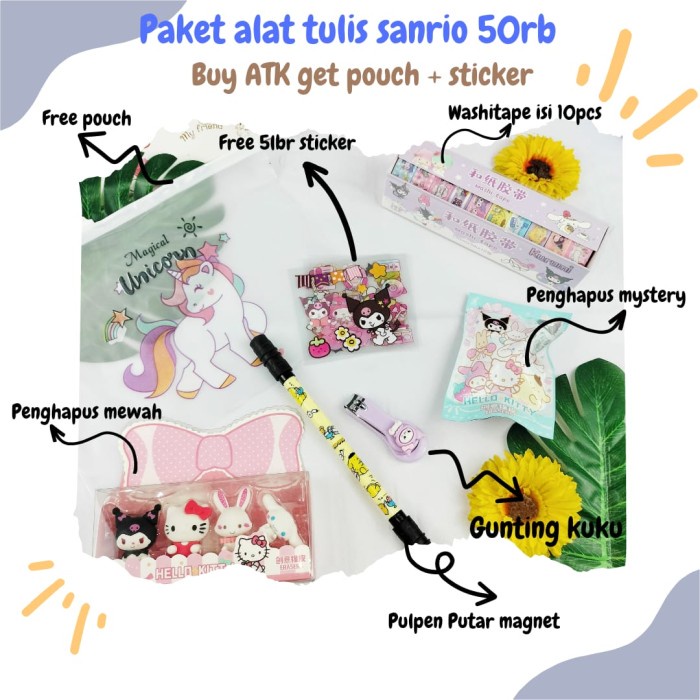 

Ready Paket Alat Tulis Sanrio 50 Rb+(Free Pouch & Stiker) Lengkap Isi 5 Item _.
