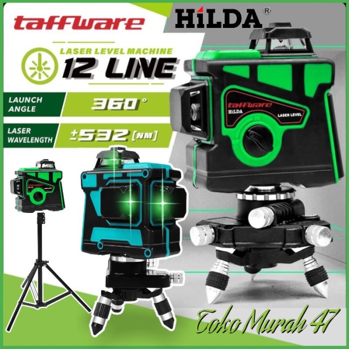 Laser Level 12 Line Taffware Hilda Mesin Self Leveling 3D + Tripod