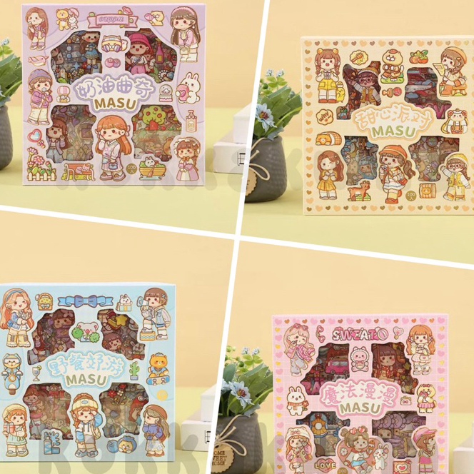 

(➸Y-☎P11) ( KKM ) MASU Sticker Box Aesthetic Karakter Cewek Korea Waterproof isi 100 Lembar per Box superr.keren..