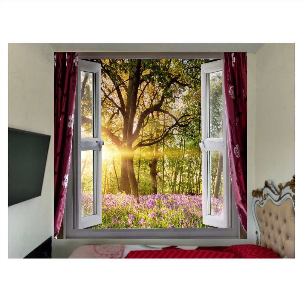 WALLBANNER / WALLPAPER 3 DIMENSI JENDELA TIRAI MERAH TAMAN BUNGA ukuran besar