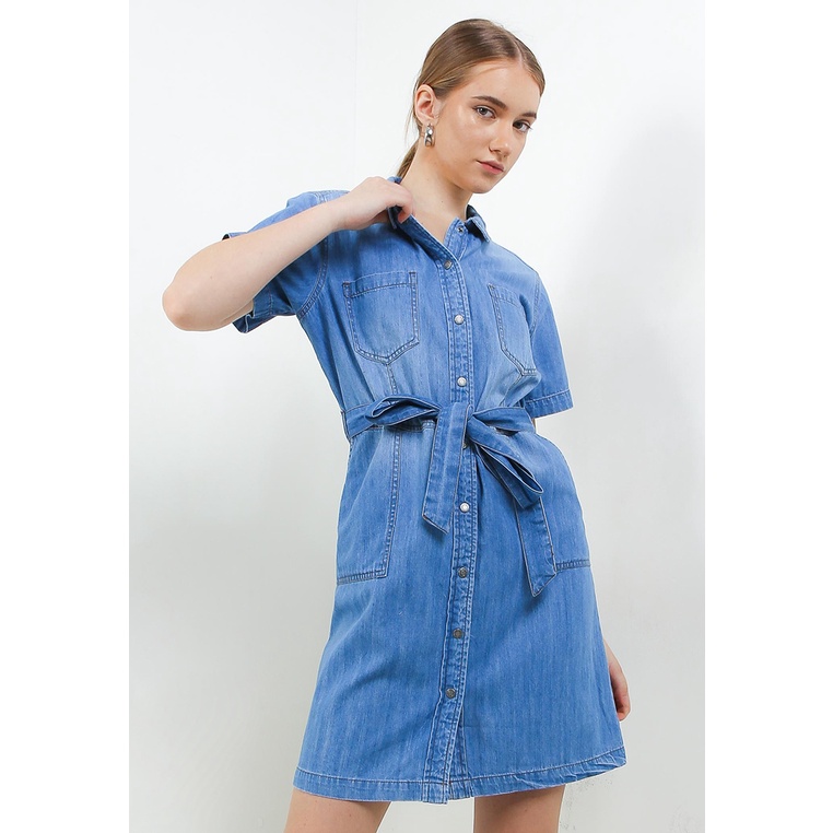 Dress Hush Puppies Original Wanita Gaun Unlined Wisuda 100% Ori Anggun Womina Denim Cewek Feminin