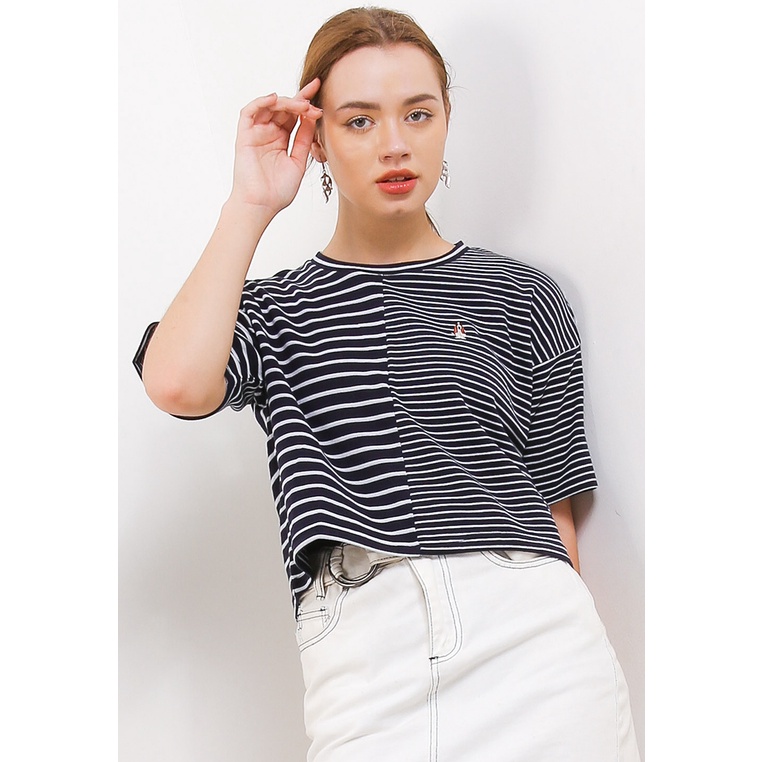Kaos Hush Puppies Original Wanita Atasan Unlined Party 100% Ori Anggun Meena Stripe Cropped Tee Pere