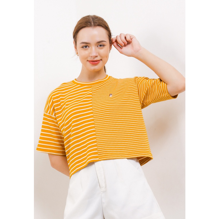 Kaos Hush Puppies Original Wanita Crop Top Kerah bulat Wisuda Ori 100% Trendi Meena Stripe Cropped T