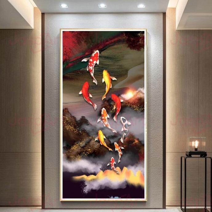 Lukisan Fengshui Imlek Fengshui Painting LED 9 koi in lotus pond