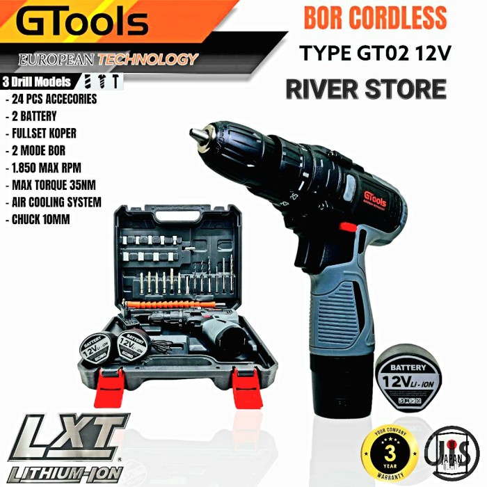 Bor Cordless 12V GTools GT02 Bor Drill Tembok Besi Kayu Sekrup Fullset