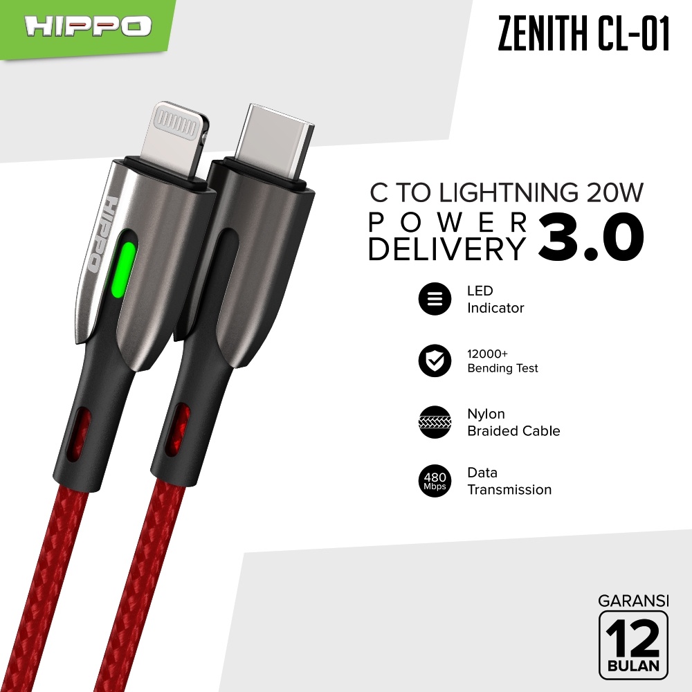 Hippo Kabel Data Super Fast Charging Ultron 3 Type C to Type C 5A 100 W 120 CM Quick Charge 3.0 Quick Charging Data Cable Android Braided Casan Handphone LED Indicator-Kabel Zenith CL Red