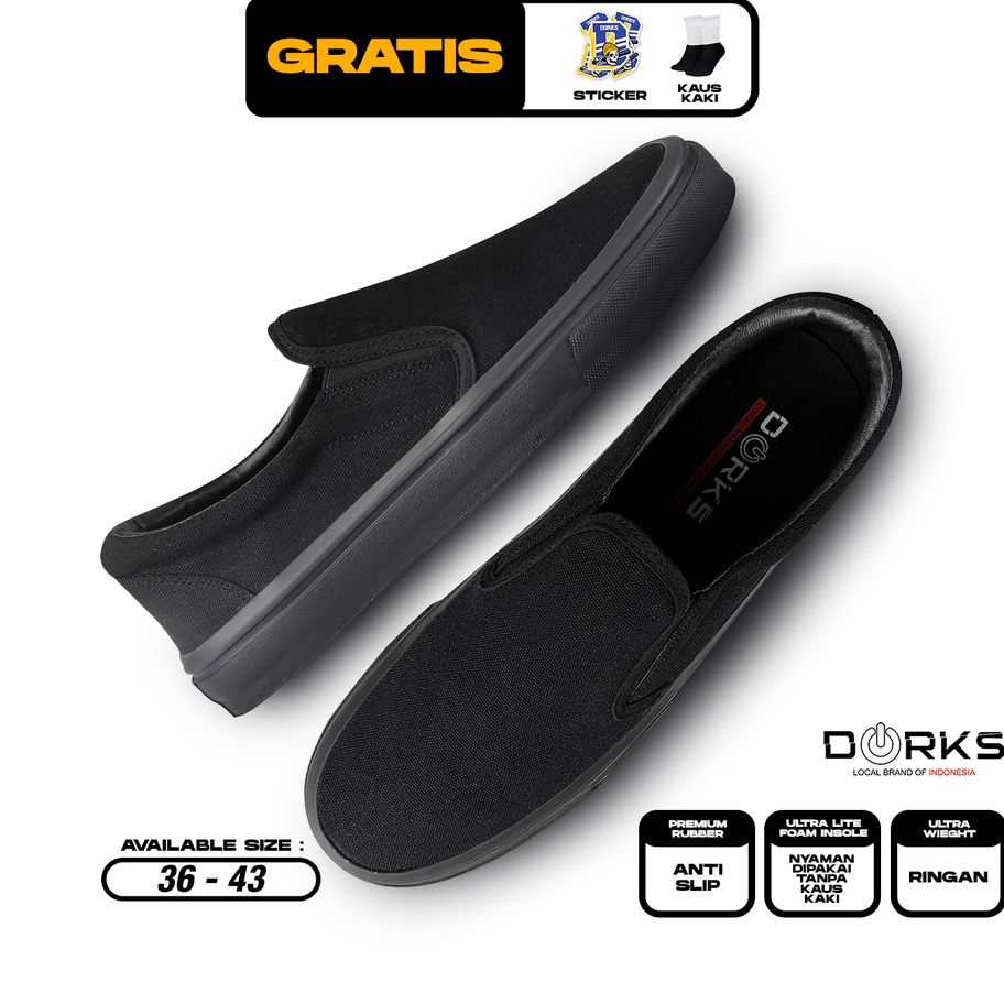 Terlaris DORKS - Slip On Full Black Sepatu Sneakers Casual Pria