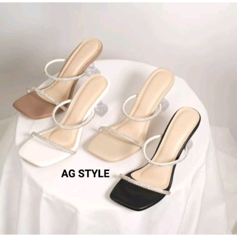 Sandal heels hak kerucut hak kaca 7 cm sandal mutiara permataSandal wanita/Sandal heels /Heels canti