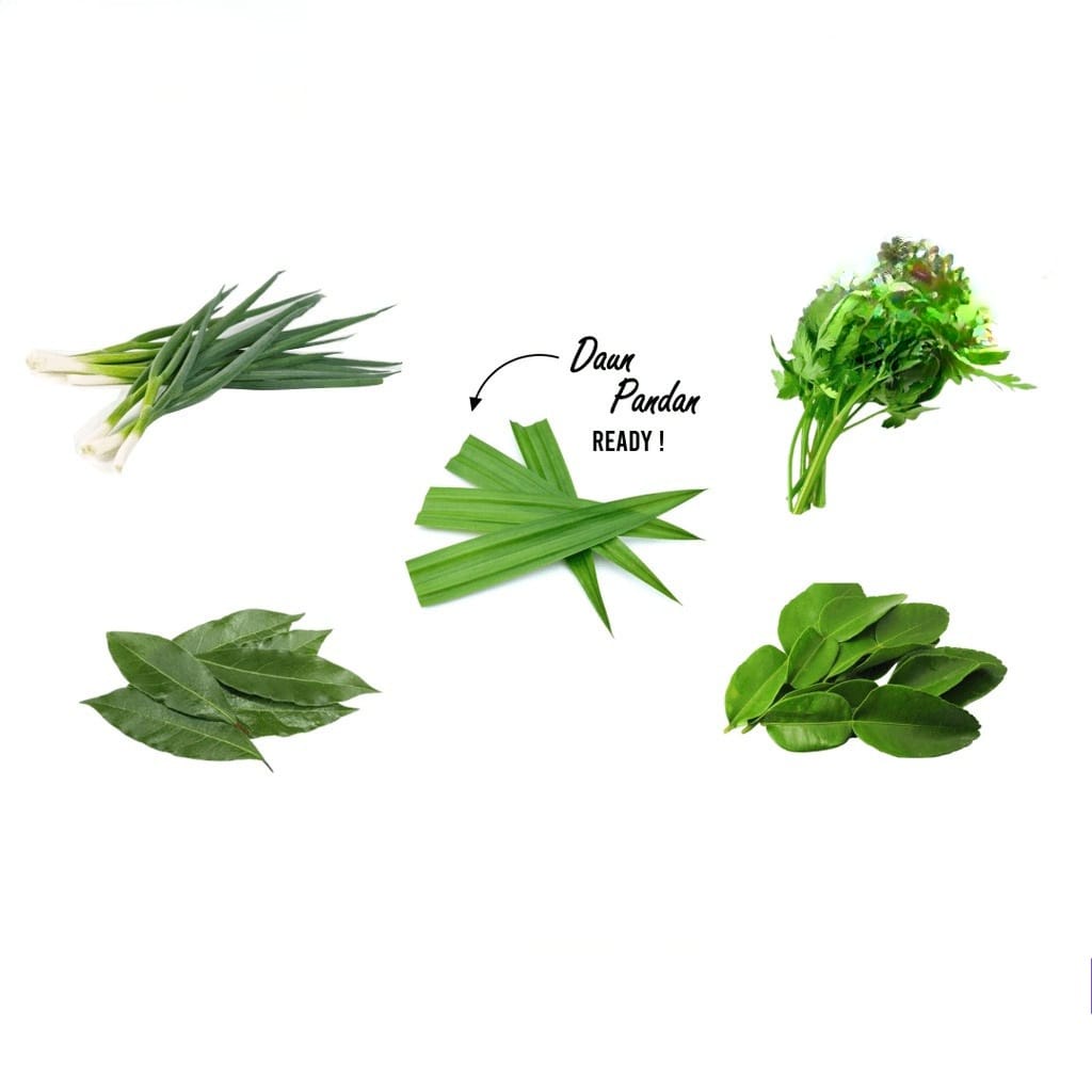 

daun bawang / daun salam / daun pandan / seledri / daun jeruk / bumbu dapur / rempah