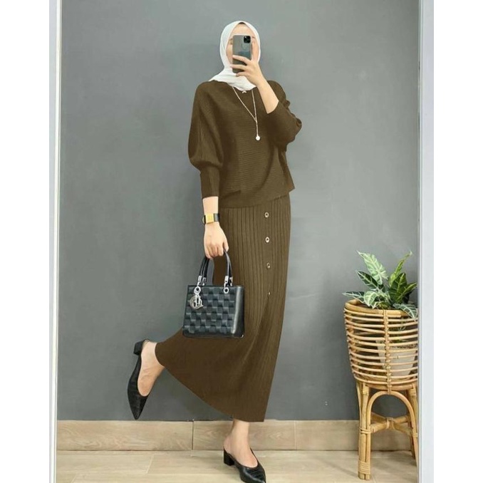 SETELAN ANYA BAJU WANITA BAHAN RAJUT IMPORT DAN ROK PANJANG MUSLIM
