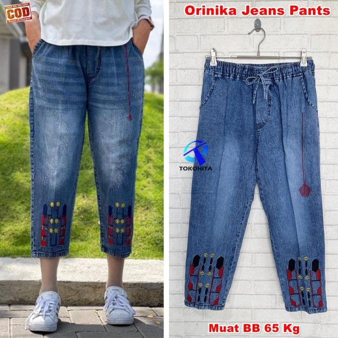 Orinika Jeans Pants Celana Boyfriend Jeans Bordir Muat BB 65 Kg