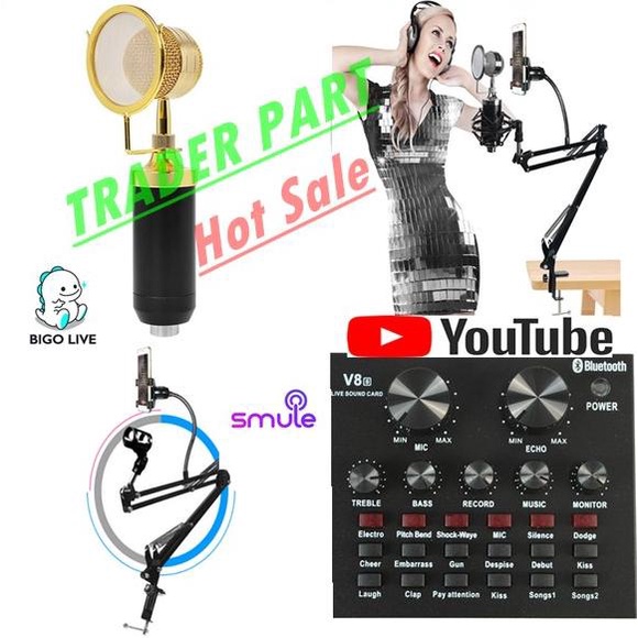 Paket MIC BM800 STAND Microphone BM 8000 SOUNDCARD MIXER V8 Holder hp