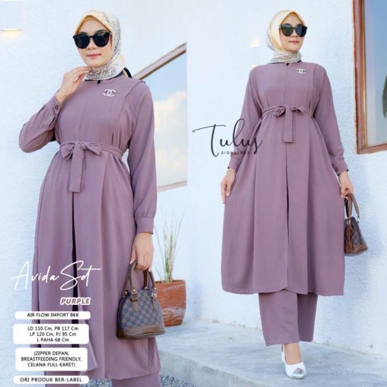 Wanita Polos Satu Set Avida Set Crinkle Airflow Jumbo Ld 120 / Setelan Long Tunik Jumbo Avida Set / 