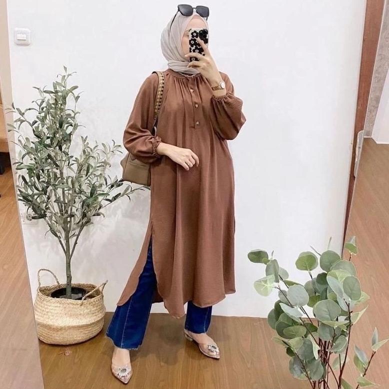 Set Polos Setelan Long Tunik Crinkle Air Flow Dan Celana Jeans 1 Set Model Baru Setelan Wanita Tunik