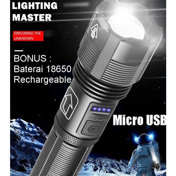 Senter LED XHP50 USB Powerfull 5 Mode Telescopic Zoom Waterproof