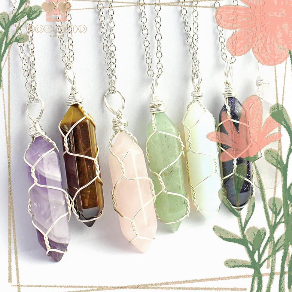 KUALITAS NO 1 MOILY Hexagonal Cylindrical Crystal Necklace Natural Stone Wire Wrap Stone Pendant Gif