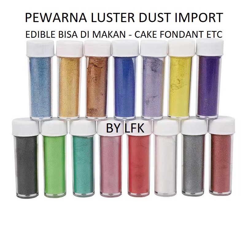 

BARU RESTOK IMPORT EDIBLE LUSTER Lustre DUST FOOD GRADE EMAS GOLD SILVER PERAK pelarut cake atau minuman WARNA WARNI RAINBOW MIX POWDER DUST PERAK EDIBLE COKLAT ALAT DEKORASI KUE LUSTER MERAH UNGU BIRU HIJAU HITAM PINK IMPORT CAKE ULTAH WEDDING MURAH