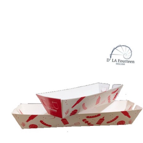 ➵➭✬ Paper Tray Sosis Bakar, Box Sosis, Kotak Sosis, Kemasan Sosis Goreng Delicious 16x4x4cm isi 75pc