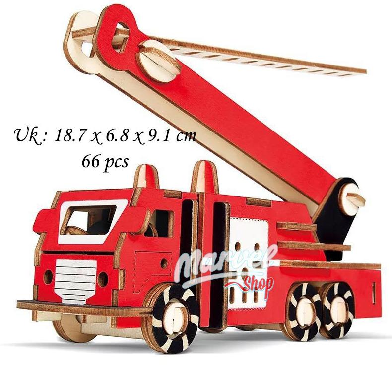 [Tkm] Puzzle 3D Bahan Kayu Model Fire Truck / Truk Mobil Pemadam Kebakaran Mainan Puzzle Edukasi Anak Gass