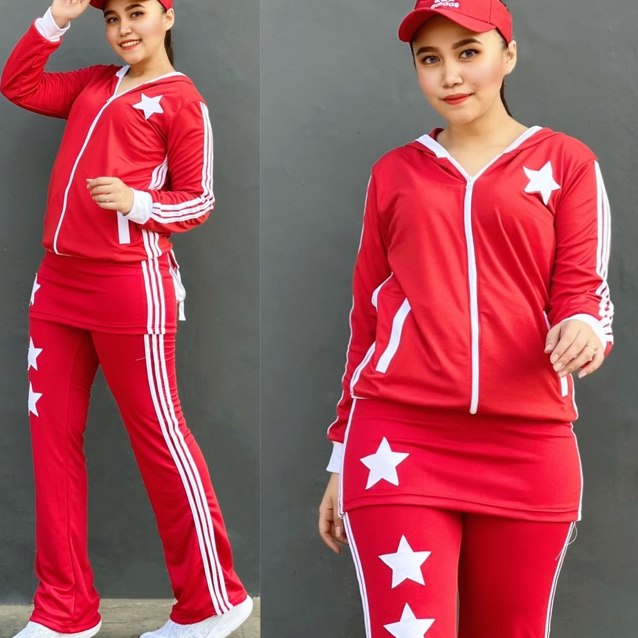 KHOF041 Stelan Baju Senam Aerobic Zumba Outdoor Panjang Muslimah Hijab Cycling Rok Merah Putih +