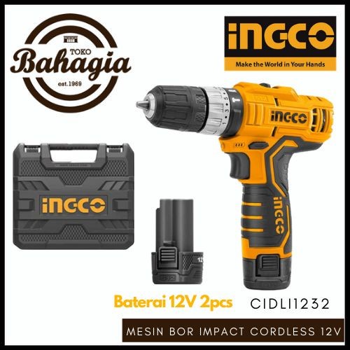Ingco Mesin Bor Impact Cordless 12V Lithium (1B) + Kg Cidli1232 Mesin