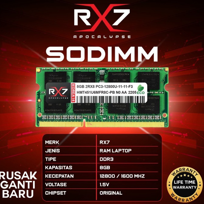 10.10 BRANDS FESTIVAL  MEMORY RAM LAPTOP RX7 DDR3 8GB 12800 Mhz NON L 1.5V GARANSI LIFETIME WARRANT
