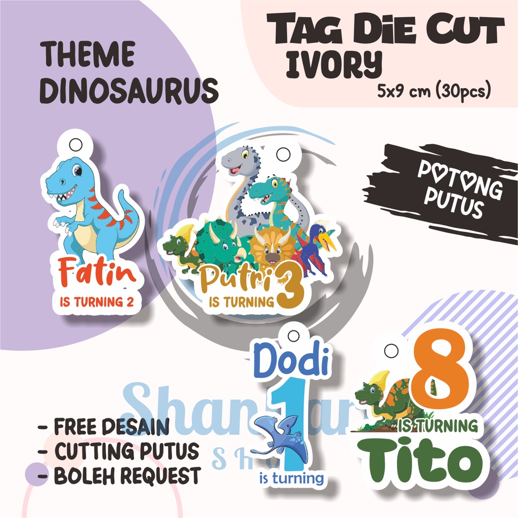 

(30pcs) Tag THEME DINOSAURUS ( TAG ONLY ) TIDAK TERMASUK TALI / Tag Hampers Ulang Tahun Anak / Gantungan Custom / Cutting DIE cut / Hangtag Hologram